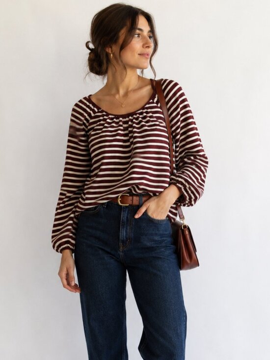 J. Crew Tops - J.Crew Brown & Ivory Striped Cotton Peasant Top | XL | French Girl Fall Blouse